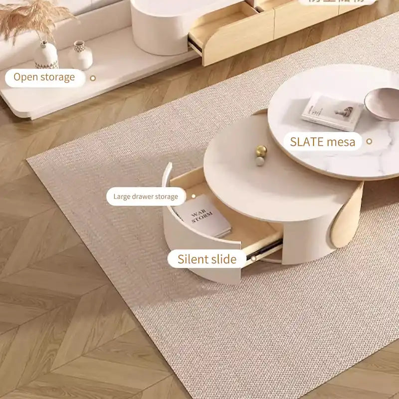 Tavolino da caffè rotondo moderno, piano in pietra, legno naturale - 50 x 31,5