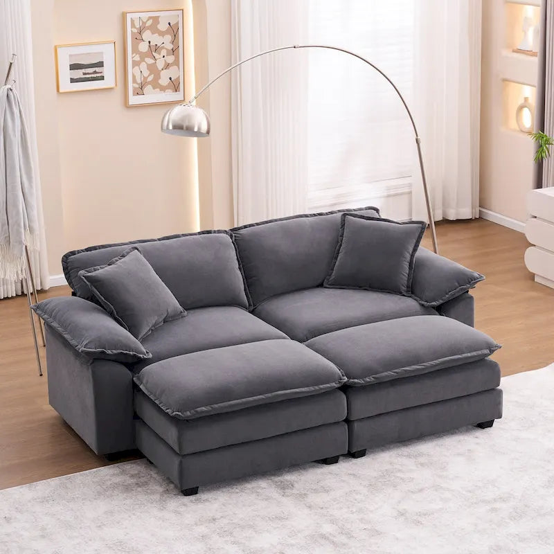 Divano a 2 posti con 2 cuscini, 2 guanciali e 2 pouf, divano confortevole - divano profondo modulare per soggiorno