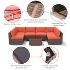 7-delige outdoor loungeset van vlechtwerk en staal met kussens