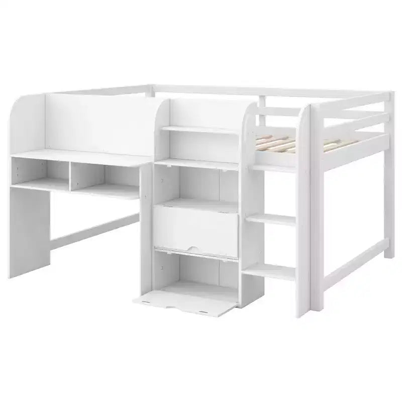 Roze/wit laag halfhoogslaper met bureau, opbergruimte en whiteboard – eenpersoonsbed, voor 1 persoon
