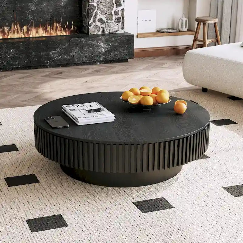 Tavolino rotondo moderno in legno massello impiallacciato con contenitore, da caffè o da tè