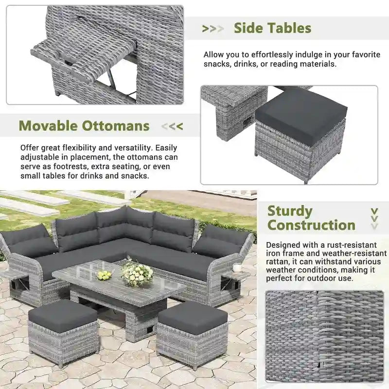 Buitenmeubelset van rotan met verstelbare tafel, relaxfauteuils en 2 voetenbankjes