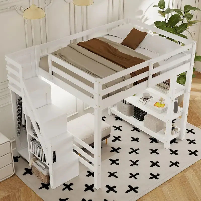Letto a soppalco matrimoniale singolo con scale contenitore - Ripiani, guardaroba e luce LED, design salvaspazio