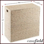 Casafield 2-Section Laundry Hamper with Lid and Removable Liner Bags, Woven Water Hyacinth Laundry Basket Sorter for Clothes