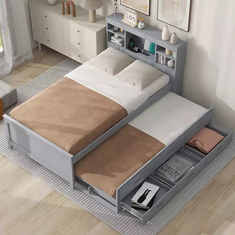 Podestbett mit Ausziehbett und Schubladen, Stauraum-Podestbett mit USB-Anschluss, Holz-Podestbett mit Bücherregal