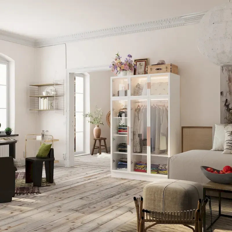 Armadio guardaroba largo 47.2 con luce LED, ante completamente in vetro e vani contenitori