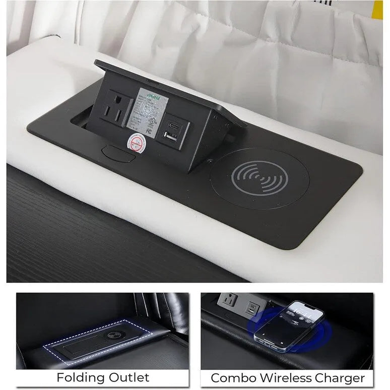 Elektrisch verstellbares Sofa mit kabellosem Ladegerät, Leselampe für das Wohnzimmer, Kunstleder, LED-Beleuchtung, AC-/USB-Anschluss und Getränkehalter, Schwarz