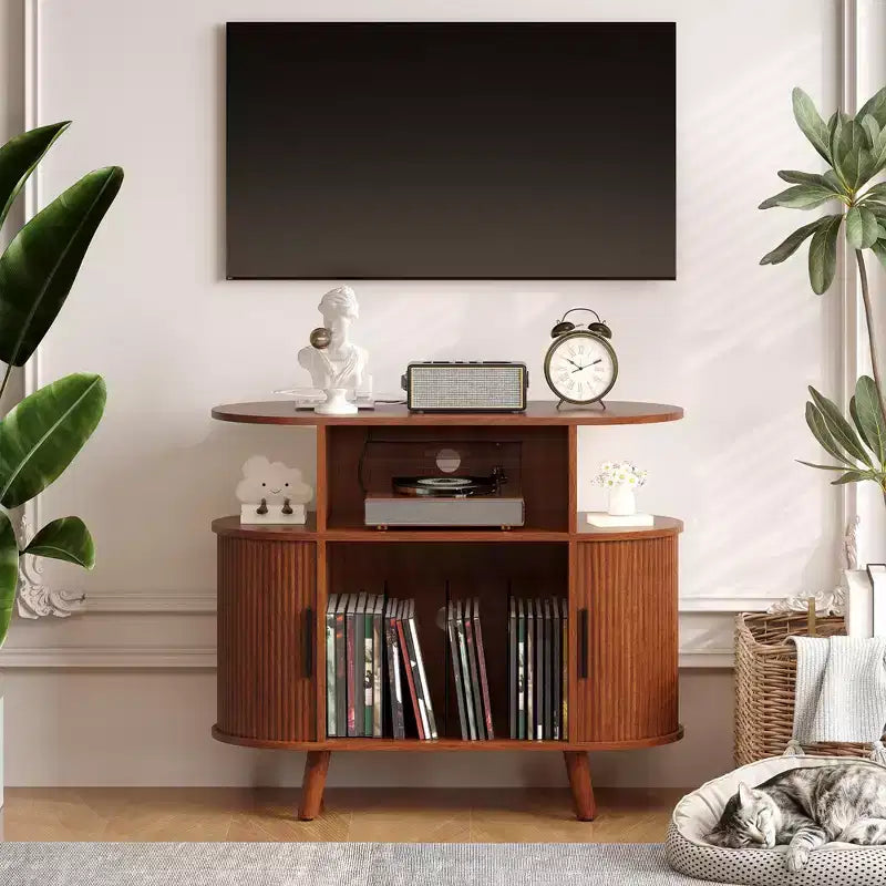 Stalak za gramofon u modernom stilu sredine stoljeća, drvena polica za gramofon, otvoreni ormarić za pohranu vinila, za dnevni boravak, spavaću sobu