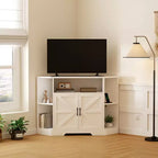 Corner TV Stand for TVs up to 55  Farmhouse Barn Door Media Console with Open Shelves & Storage Cabinet, White