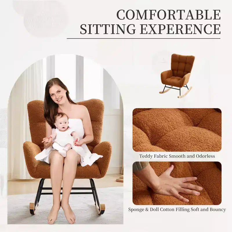 Schommelstoel voor de babykamer, zweefschommelstoel voor borstvoeding, comfortabele accentstoel voor de slaapkamer, zachte teddyfauteuil voor binnen