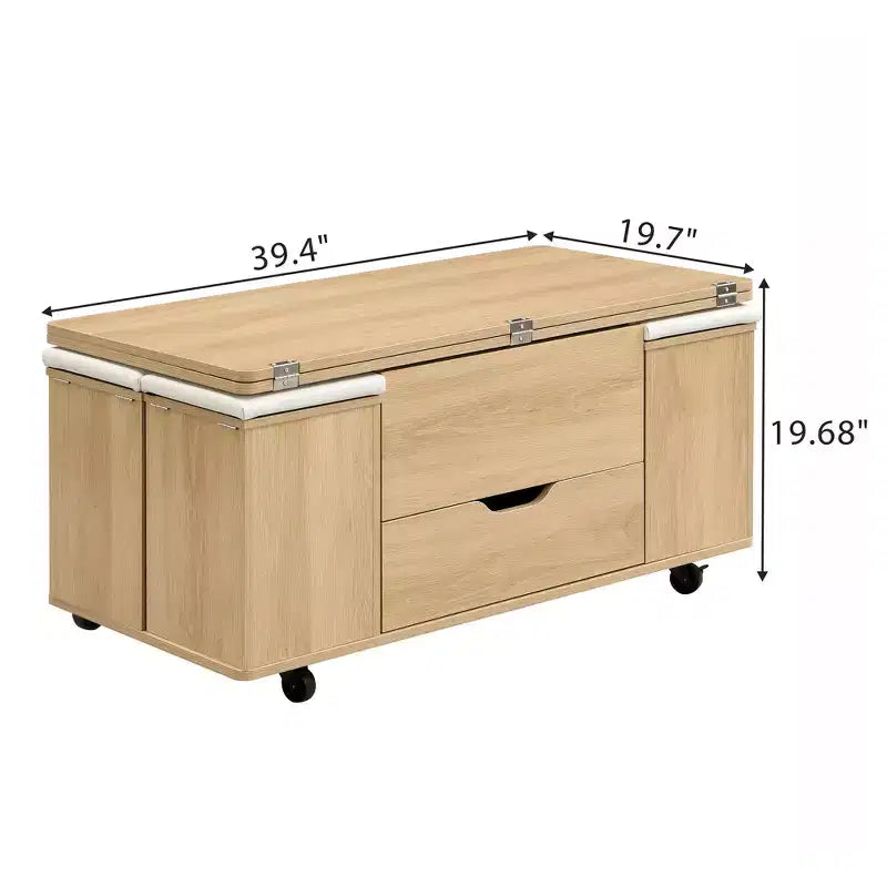 Multifunktionaler moderner Couchtisch mit Liftplatte, verborgenem Stauraum, 4 Hockern und Rollen – perfekt für moderne Wohnbereiche