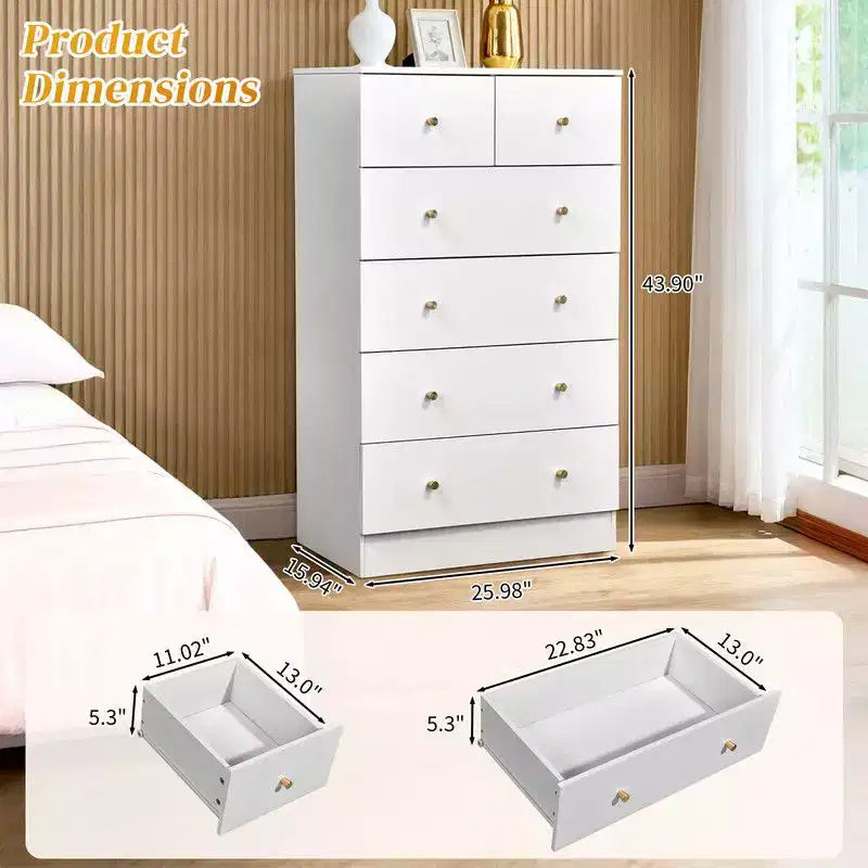 Karl Home grote ladekast met 6 laden voor de slaapkamer, stevige houten opberger voor kledingkast, wit