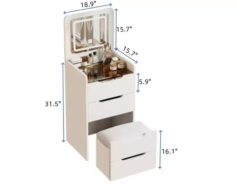 Toeletta 3-in-1 Okak con specchio ribaltabile, toeletta compatta con piano in vetro trasparente e sgabello imbottito, scrivania da toeletta per camera da letto