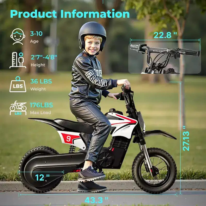 ECOLEAP K1 elektrische crossmotor voor kinderen, 36 V, snel tot 16 MPH, bereik van 14 mijl, piekvermogen van 700 W, 3 snelheidsstanden, 12 terreinbanden, UL, voor 3-10 jaar