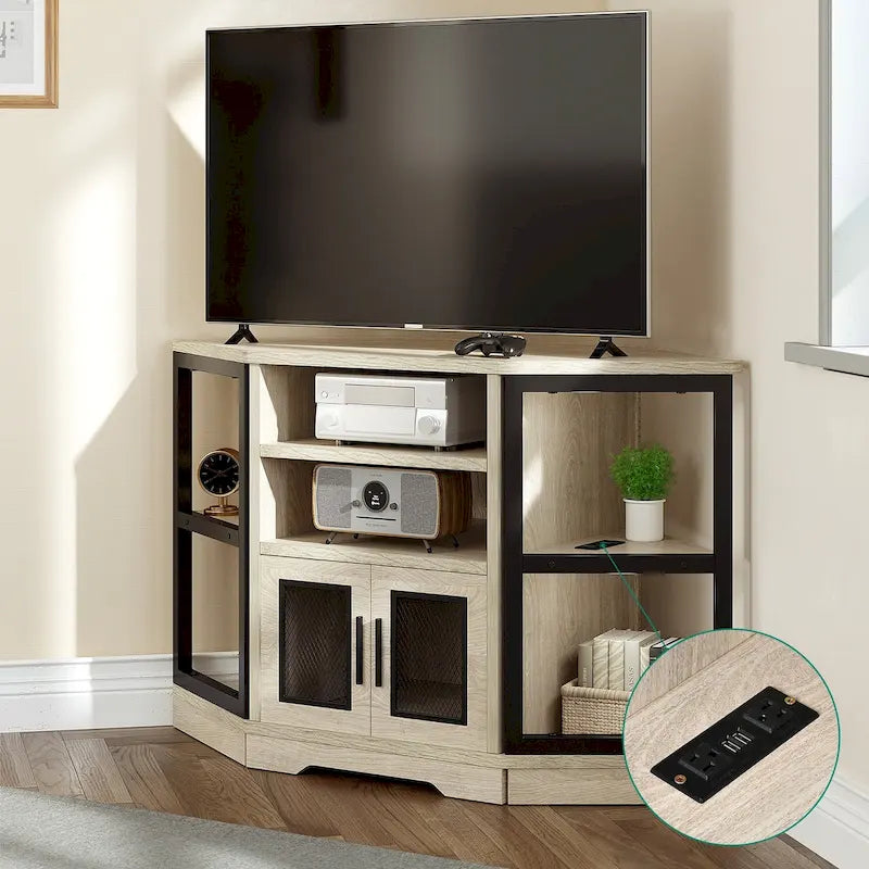 Mobile TV angolare in stile farmhouse, centro d'intrattenimento e consolle multimediale per TV fino a 55" con presa di corrente