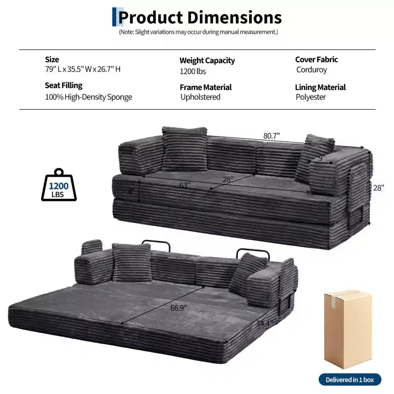 80.7 5-in-1 Convertible Sleeper Sofa Bed 鈥?Corduroy, 1200 lbs, No Assembly