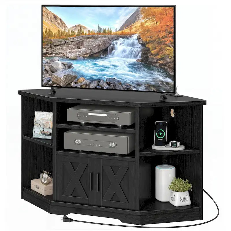 Mobile TV angolare in stile farmhouse, centro d'intrattenimento e consolle multimediale per TV fino a 55" con presa di corrente