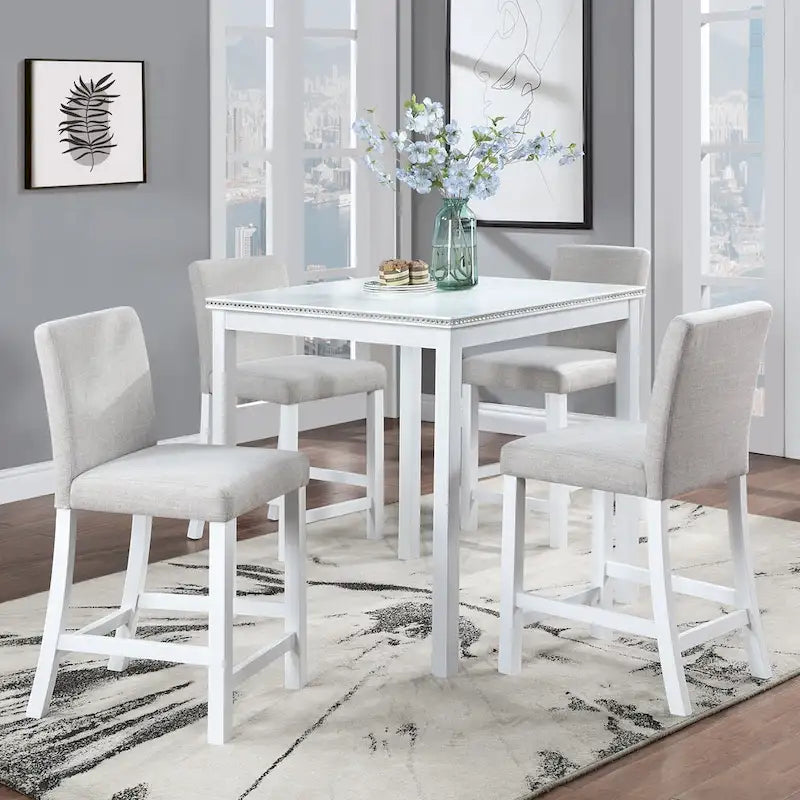 Set da pranzo moderno da 5 pezzi con tavolo quadrato ad altezza bancone e 4 sedie imbottite
