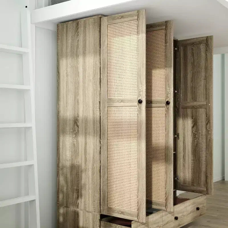 Famapy Rattan-Kleiderschrank mit 3 Schubladen, Schrank mit 3 atmungsaktiven Rattantüren, hoher Stauraumschrank im Landhausstil für das Schlafzimmer
