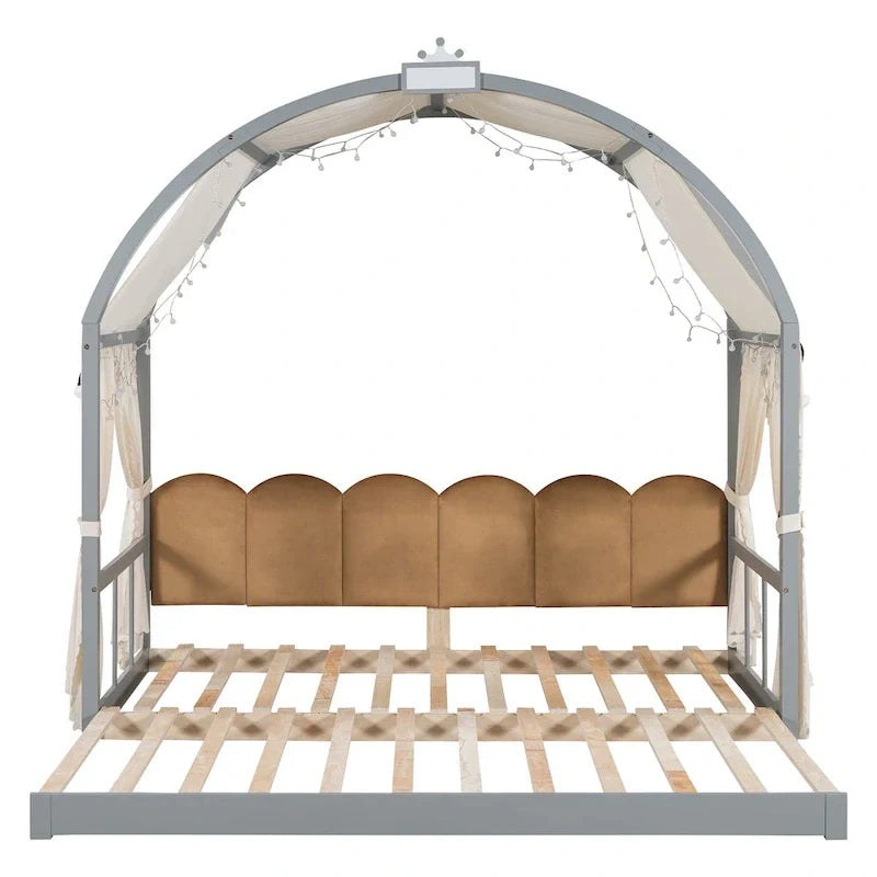 Letto Montessori a piattaforma in legno massello a forma di casetta, con tetto ad arco e letto estraibile, per bambine e bambini