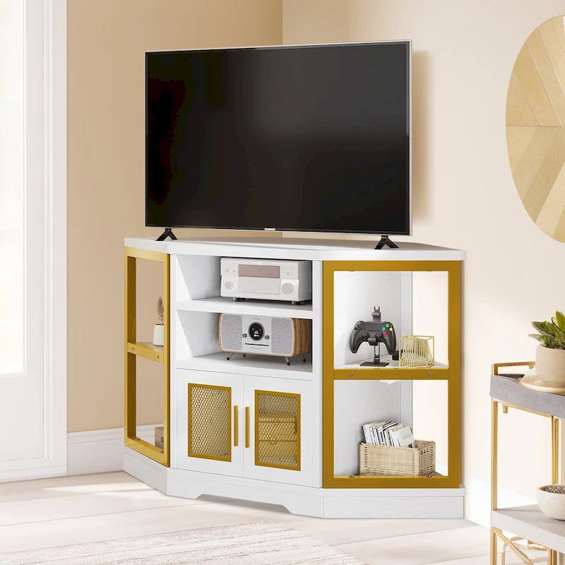 Mobile TV angolare in stile farmhouse, centro d'intrattenimento e consolle multimediale per TV fino a 55" con presa di corrente