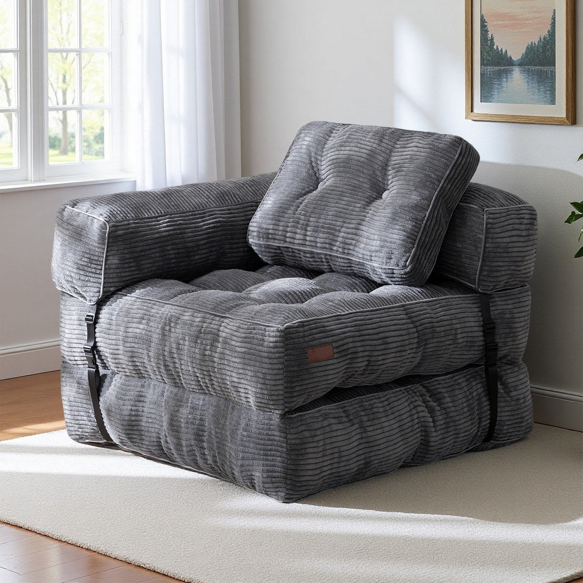 Sufan sodda li jintwew, sufan tas-salott f’forma ta’ L għall-art