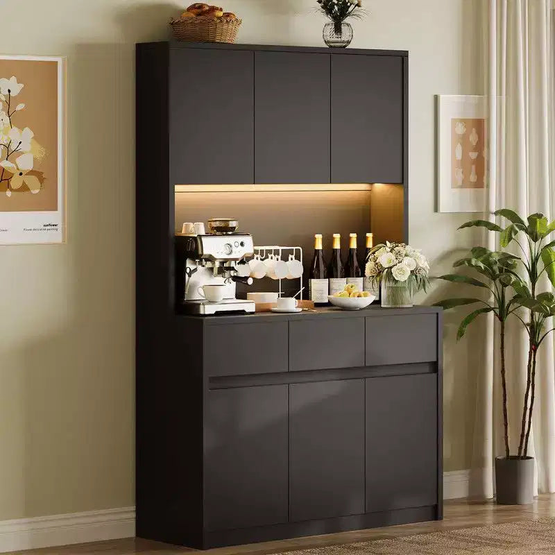Keukenkast van 71 inch, opbergkast met bovenkast, ledverlichting en stopcontacten, buffetkast met magnetronstandaard en verstelbare planken