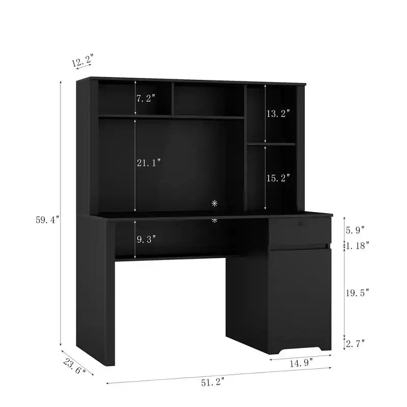 Moderne computerbureau van 51,18 inch met opzetkast en boekenkast, kantoorbureau met veel opbergruimte, schrijf bureau voor studeerkamer en leesruimte