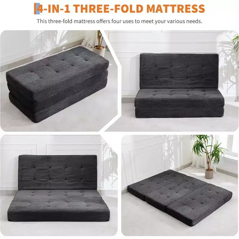 Divano letto con materasso pieghevole a tre sezioni SunnyFurn da 15 cm, 190,5 x 138 cm, letto per ospiti pieghevole in schiuma con velluto a coste trapuntato, portatile per campeggio, soggiorno e camera da letto