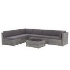 7-delige outdoor loungeset van vlechtwerk en staal met kussens