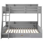 Twin over Full Bunk Bed with Storage, LED Lights & Charging Station, Wood Bunked Bed Beside Shelves for Kids & Teens