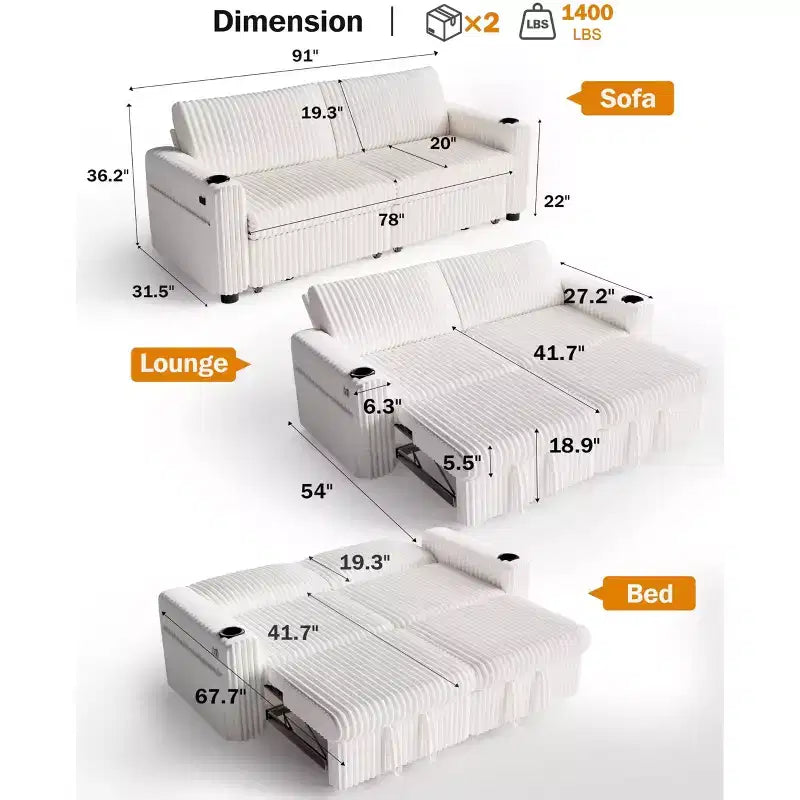 Dyonery 91 Eckschlafsofa mit ausziehbarem Bett, verstellbarer Rückenlehne, zwei ausziehbaren Betten, USB-Anschlüssen und Getränkehaltern, weicher Cordbezug