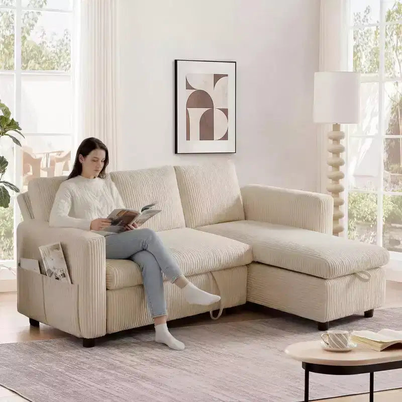 Dyonery Divano letto estraibile 2 in 1 con chaise longue contenitore, divano componibile in velluto a coste C con porte USB per il soggiorno