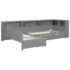 Twin Size L-shaped Platform Bed with Trundle & Charging Station, Wood Bed Frame with Bookshelf