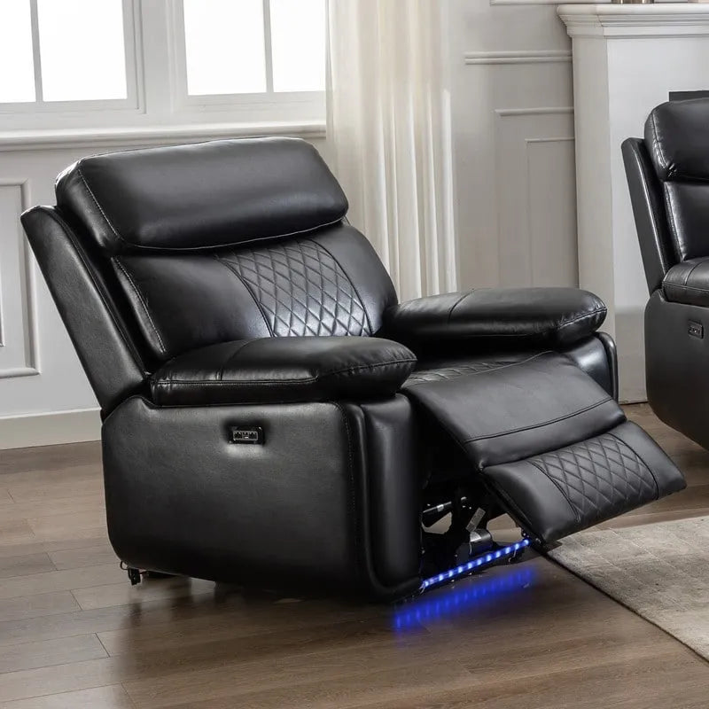 Elektrisch verstellbares Sofa mit kabellosem Ladegerät, Leselicht, LED-Beleuchtung für das Wohnzimmer, Kunstleder, AC-/USB-Anschluss, Getränkehalter, Schwarz