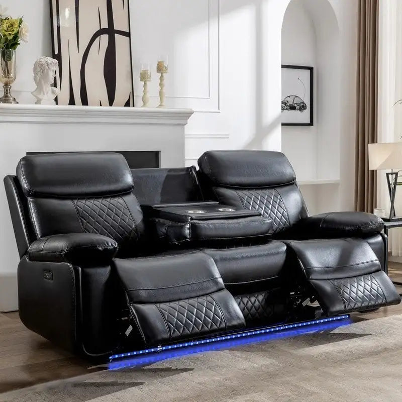 Elektrisch verstellbares Sofa mit kabellosem Ladegerät, Leselicht, LED-Beleuchtung für das Wohnzimmer, Kunstleder, AC-/USB-Anschluss, Getränkehalter, Schwarz