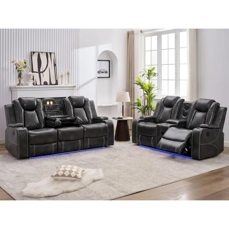 Elektrisch verstellbares Sofa mit kabellosem Ladegerät, Leselampe für das Wohnzimmer, Kunstleder, LED-Beleuchtung, AC-/USB-Anschluss und Getränkehalter, Schwarz