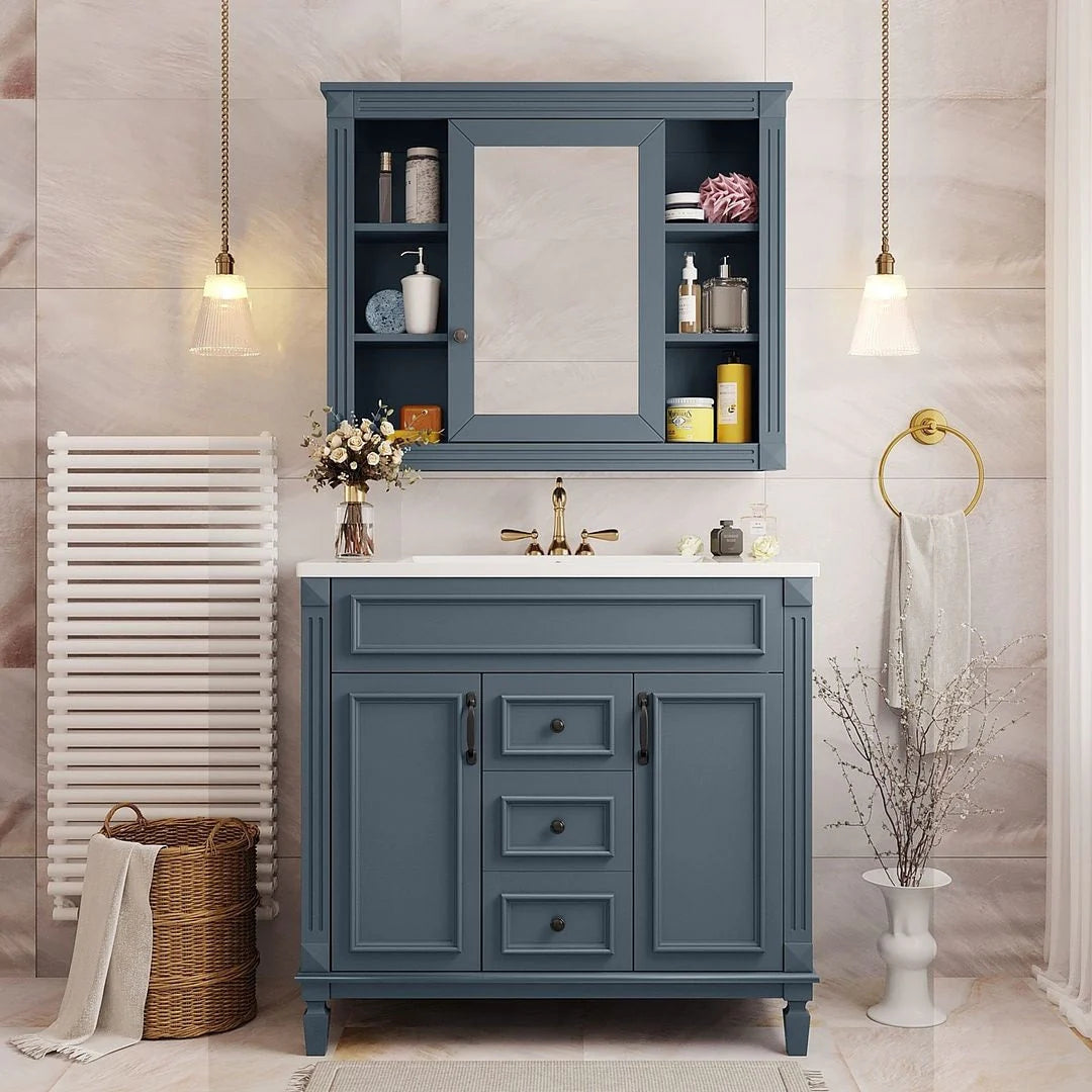 36'' Modern Bathroom Vanity with Top Sink and Mirror Cabinet,2 Doors and 2 Drawers