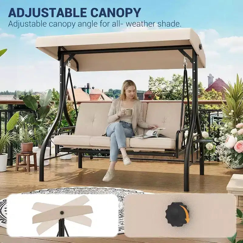 Siġġu tal-bandla ta’ barra konvertibbli 2-f’1 għal 3 persuni b’tinda aġġustabbli, sodda tal-bandla għall-patio bi stand, kuxxini ħoxnin u detenturi għat-tazzi, għall-bitħa ta’ wara, il-ġnien u l-veranda