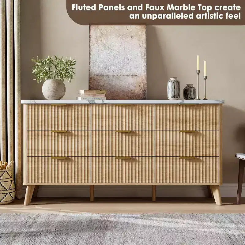 Dressoir met 9 laden en geribbelde voorkant, moderne ladekast, houten dressoir/TV-meubel met gebogen profiel, voor woonkamer of hal