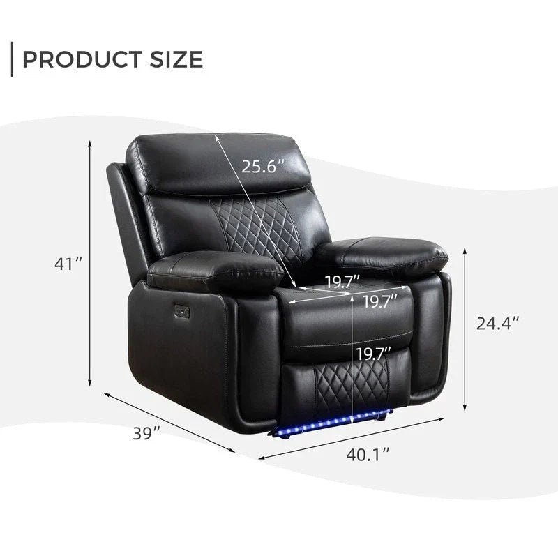 Elektrisch verstellbares Sofa mit kabellosem Ladegerät, Leselicht, LED-Beleuchtung für das Wohnzimmer, Kunstleder, AC-/USB-Anschluss, Getränkehalter, Schwarz