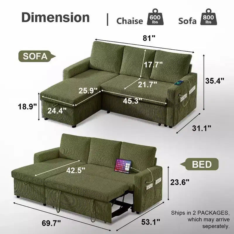 Dyonery 81-Sitzer-Schlafsofa, L-förmiges Ausziehsofa mit wendbarer Recamiere mit Stauraum, USB-Anschluss und verstellbarer Rückenlehne