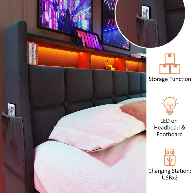 Letto matrimoniale queen size con contenitore idraulico, LED, USB, testiera imbottita, senza rete a doghe, facile da montare