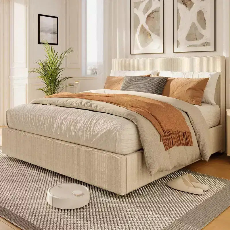 CuisinSmart-Bettgestell aus Cord mit Kopfteil, gepolstertes Podestbett mit 4 Aufbewahrungsschubladen und Lattenrost aus Holz