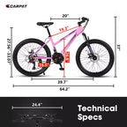Okak 24/26-Zoll-Mountainbike mit 21 Gängen und Scheibenbremsen an Vorder- und Hinterrad, Kinderfahrrad mit 100-mm-Federgabel, Dirtbike für Jugendliche und Frauen