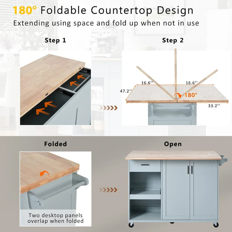 Isola da cucina con piano di lavoro pieghevole, carrello portaoggetti da cucina con ripiano estraibile, portasciugamani e cassetto, ruote girevoli