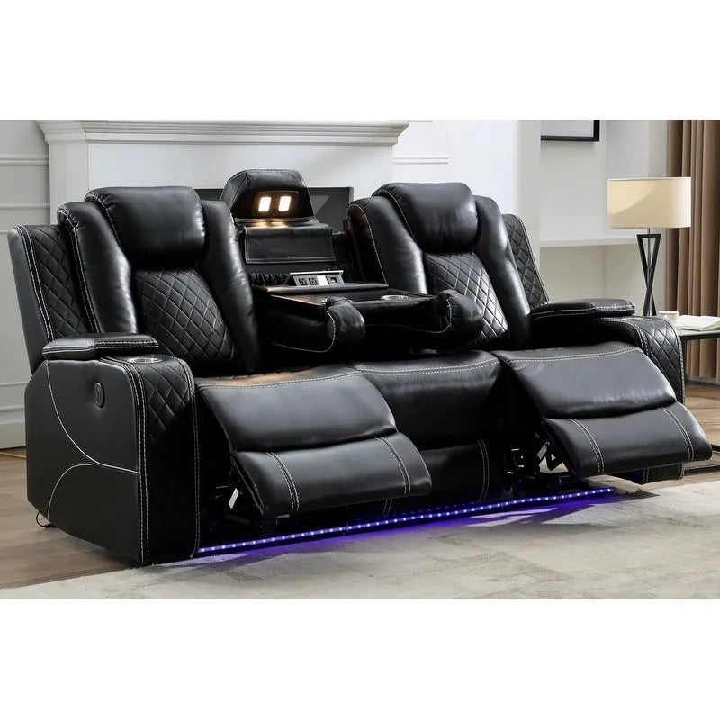 Divano reclinabile elettrico con caricatore wireless, luce da lettura per il soggiorno, similpelle, luce LED, porta AC/USB, portabicchieri, nero