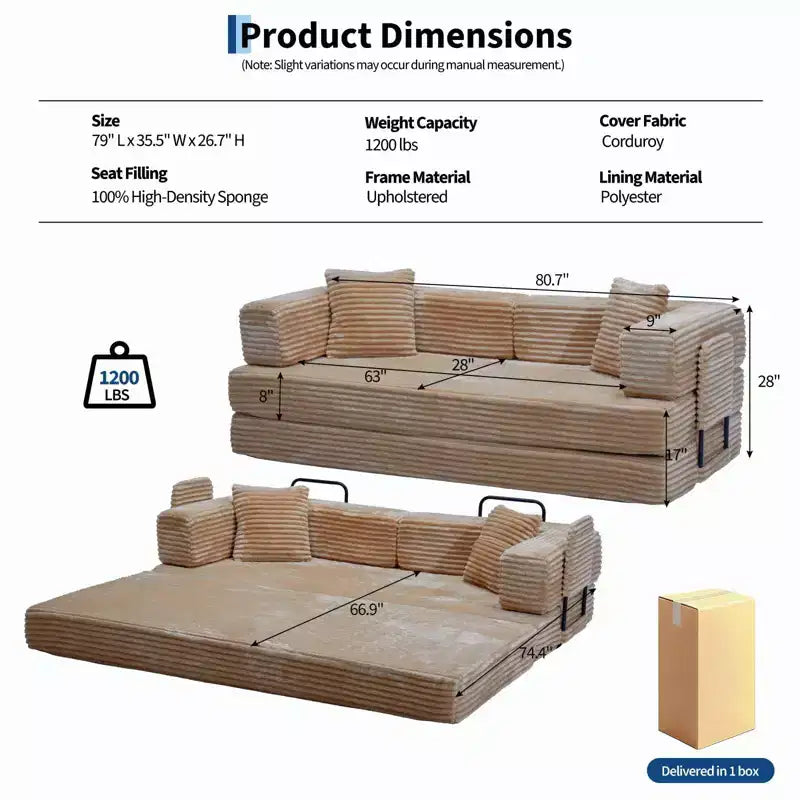 Divano letto trasformabile 5-in-1 da 80,7", in velluto a coste, portata di 1200 libbre, senza montaggio