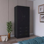 19 Modern Double-door Armoire with 3 Drawers and 1 Hanging Rod for Bedroom