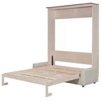 Murphy-bed in queensize met bank, houten kastbed in queensize met ledverlichting, opklapbaar wandbed voor de logeerkamer, beige